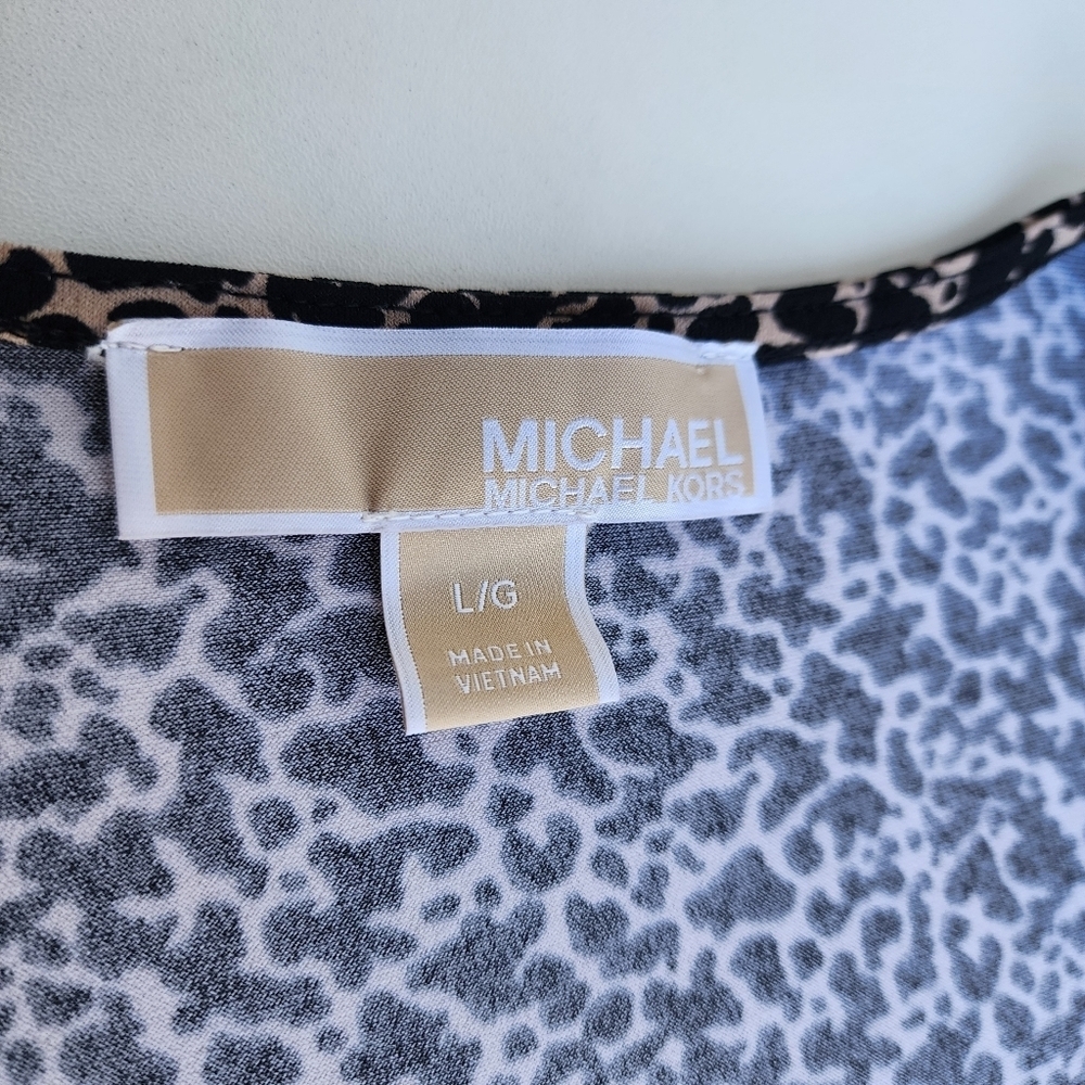 MICHAEL Michael Kors Black Beige Print Tie Faux Wrap Dress Ruffle Short Sleeve L - Picture 9 of 13